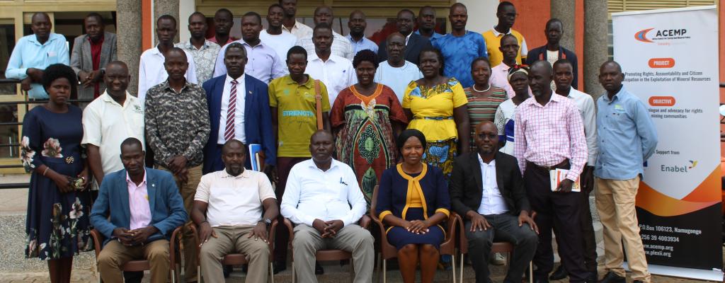 Staff posing for a group photo after a two day induction meeting conducted by ACEMP with support from Enabel geared towards building Capacity of Kitgum Leaders on Strengthening Community Participation in Mining Governance